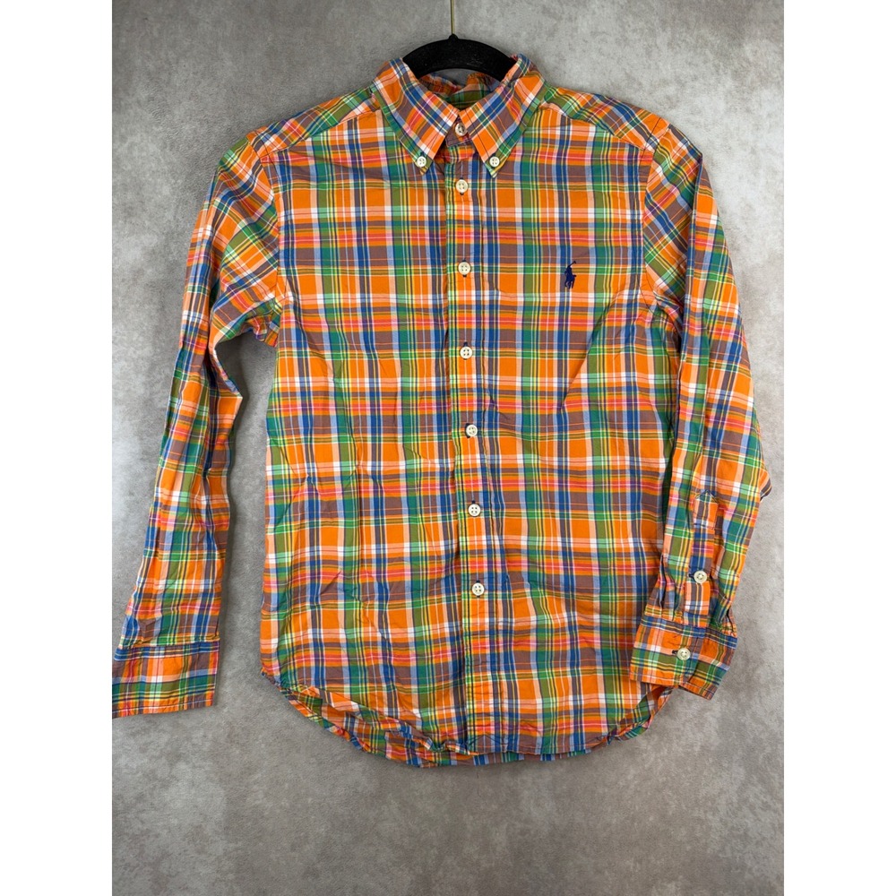 Ralph Lauren Button Down Shirt Boys M 10-12 Orange Plaid Long Sleeve Pony Logo
